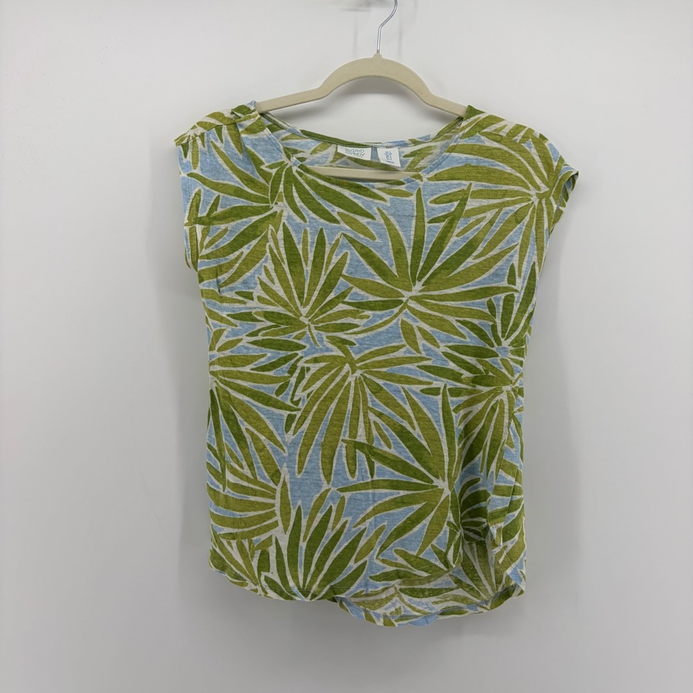 Sigrid Olsen Womens Small Green Blue 100% Linen Palm Print Cap Sleeve Knit Top